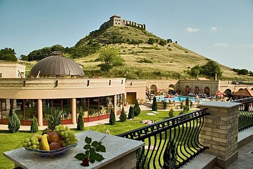 Panoramic view of the Sumeg Castle from the wellness area and main building of the Hotel Kapitany Sumeg